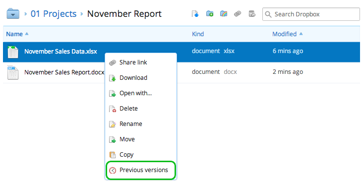 restore previous version dropbox