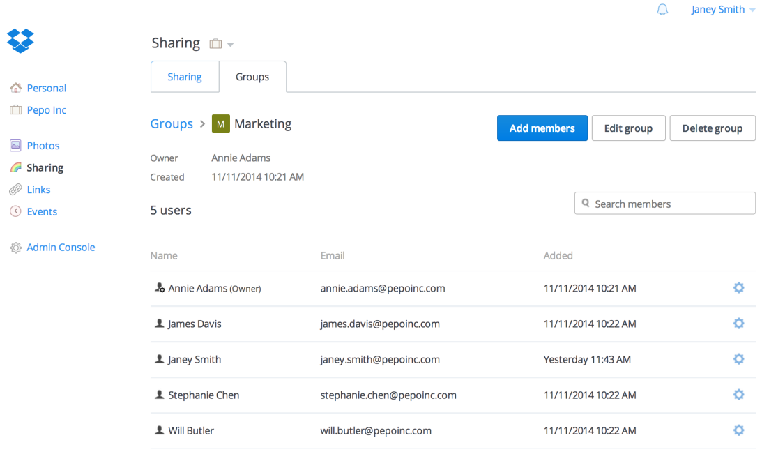 Dropbox for Business groups feature