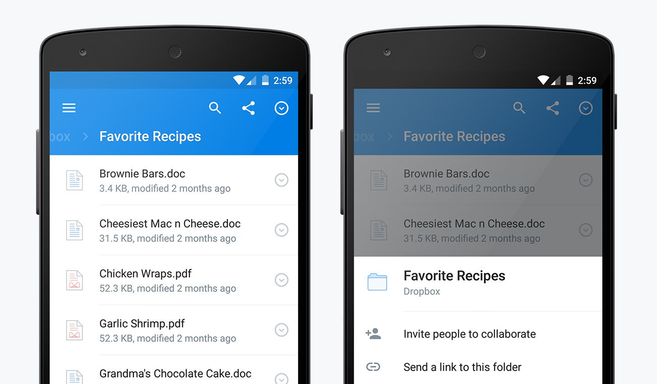 Dropbox for Android 3.0 - File actions