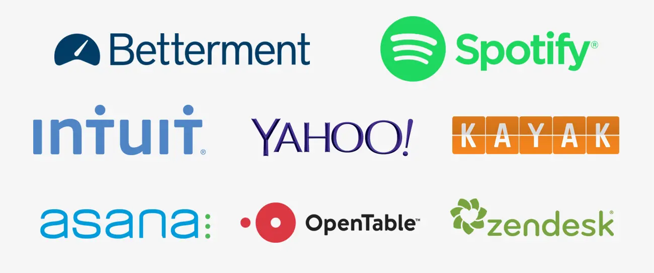 Betterment, Spotify, Intuit, Yahoo, Kayak, Asana, OpenTable, and Zendesk logos