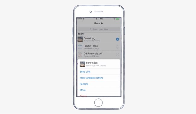Screenshot of actions in Dropbox on iOS 9