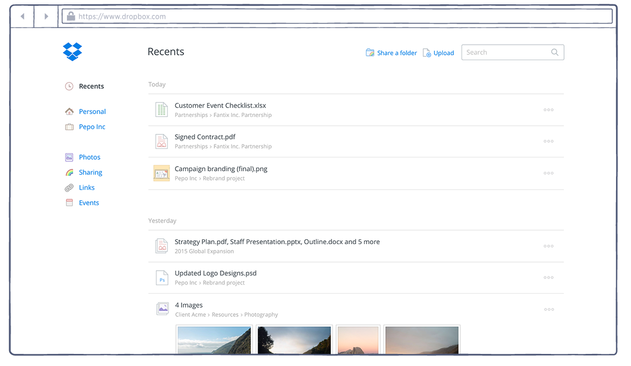 Recents on dropbox.com