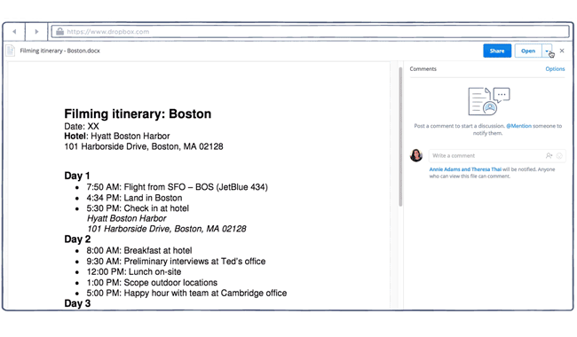 Animated screenshot of file opening in Dropbox and co-edited in Microsoft Word