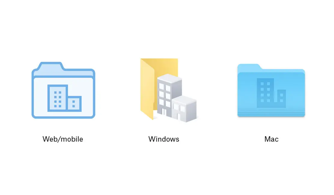 New web/mobile, Windows, and Mac team folder icons