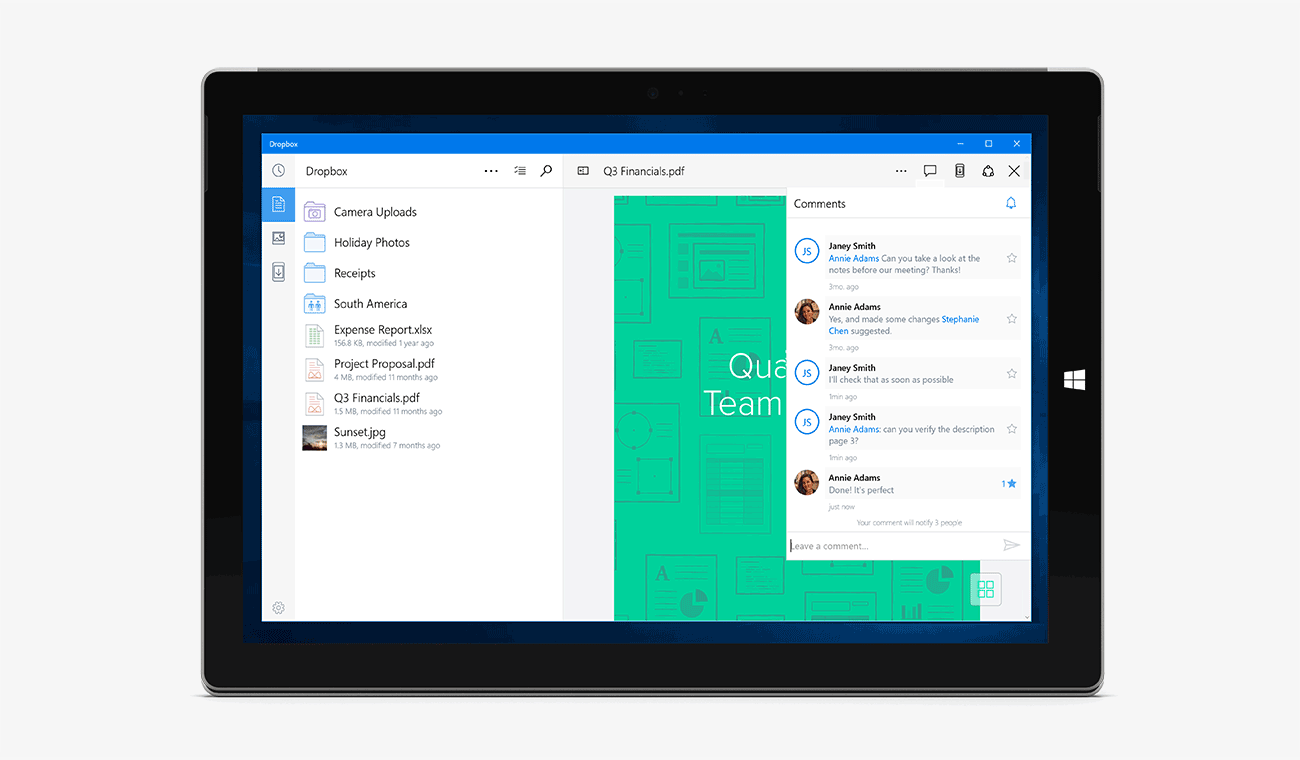 Screenshot of Dropbox app for Windows 10, showing comments