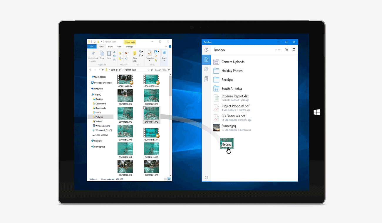 Screenshot of Dropbox app for Windows 10, showing drag and drop
