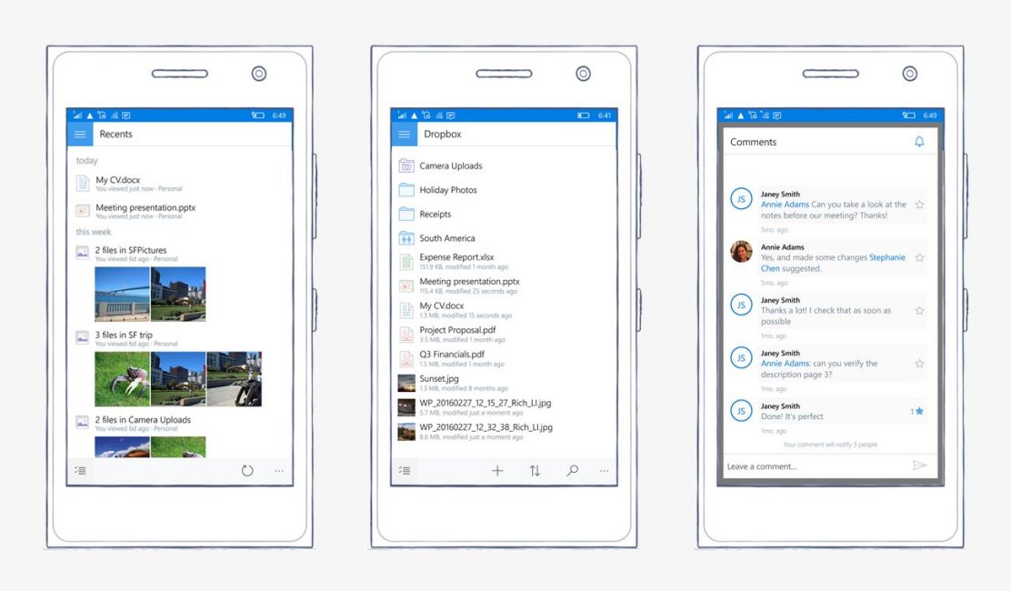 Screenshots of Dropbox app for Windows 10 mobile, showing recents, file view, and comments