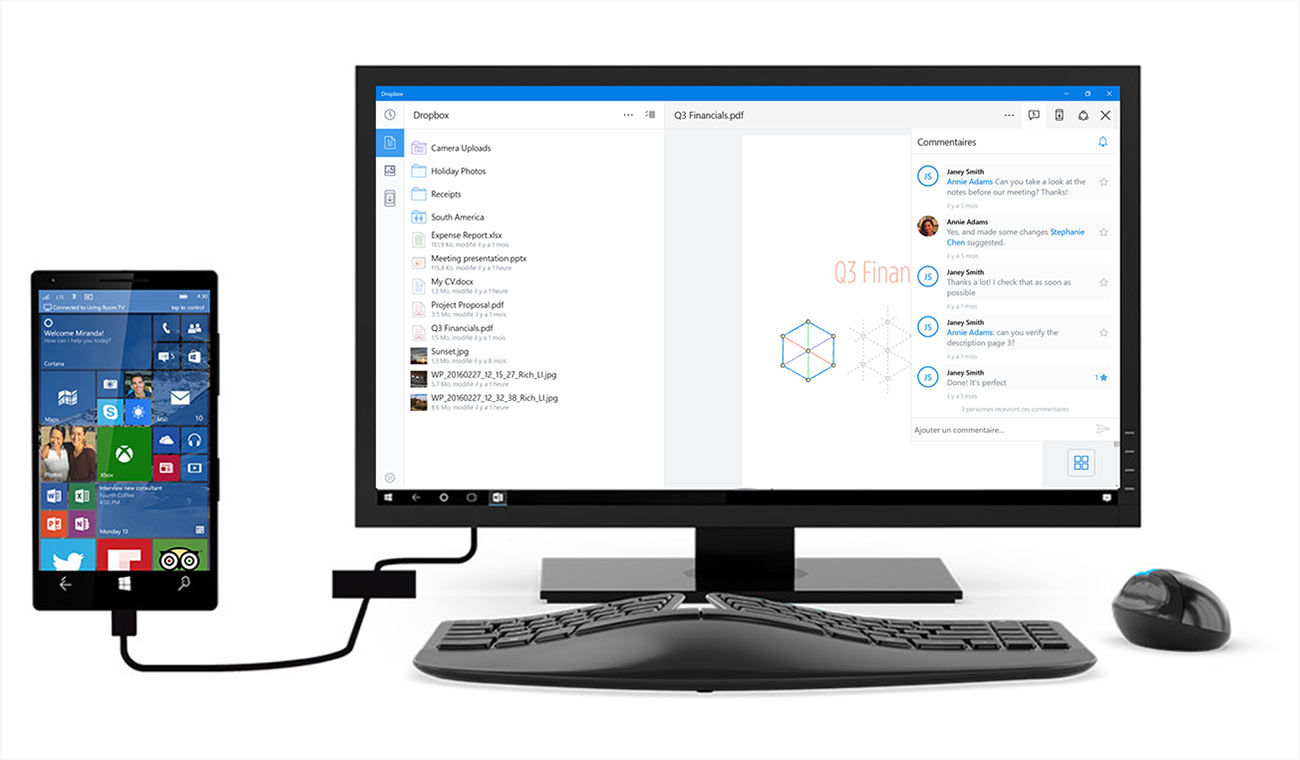 Image showing Windows Continuum being used with Dropbox