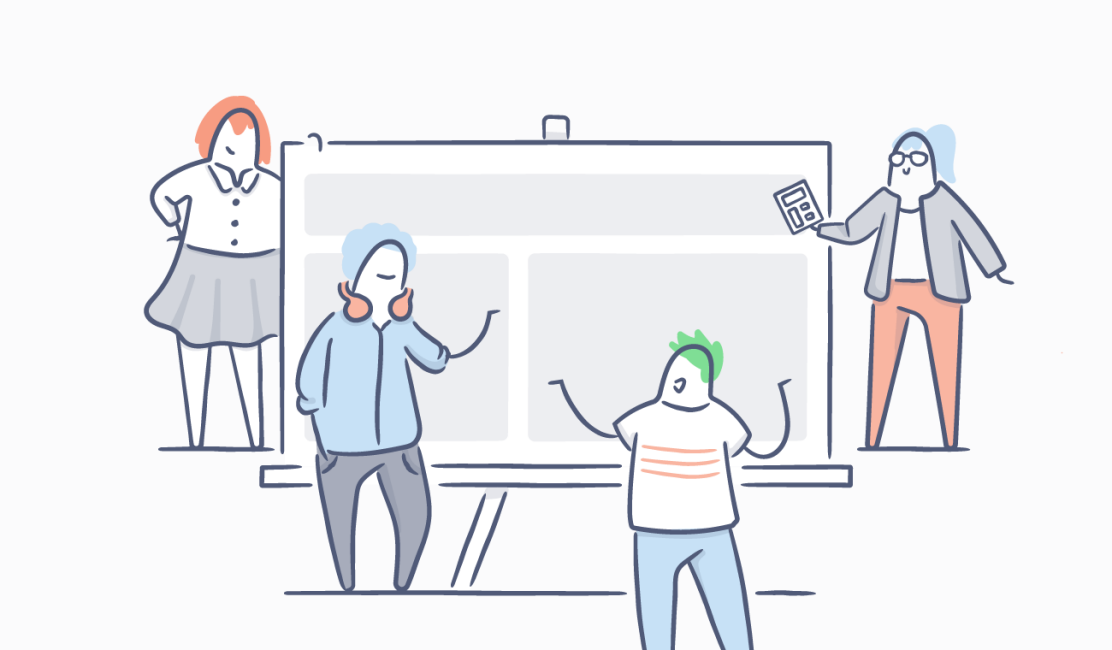Illustration of four co-workers collaborating on a whiteboard.