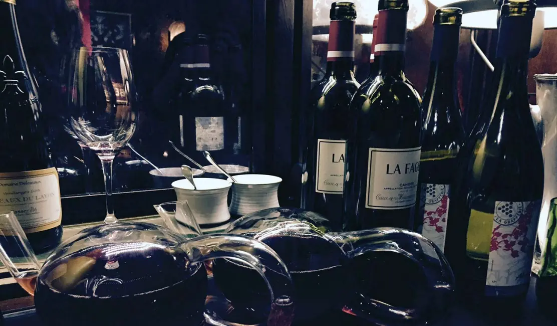 Photo of wine bottles at Dropbox-Vivino dinner