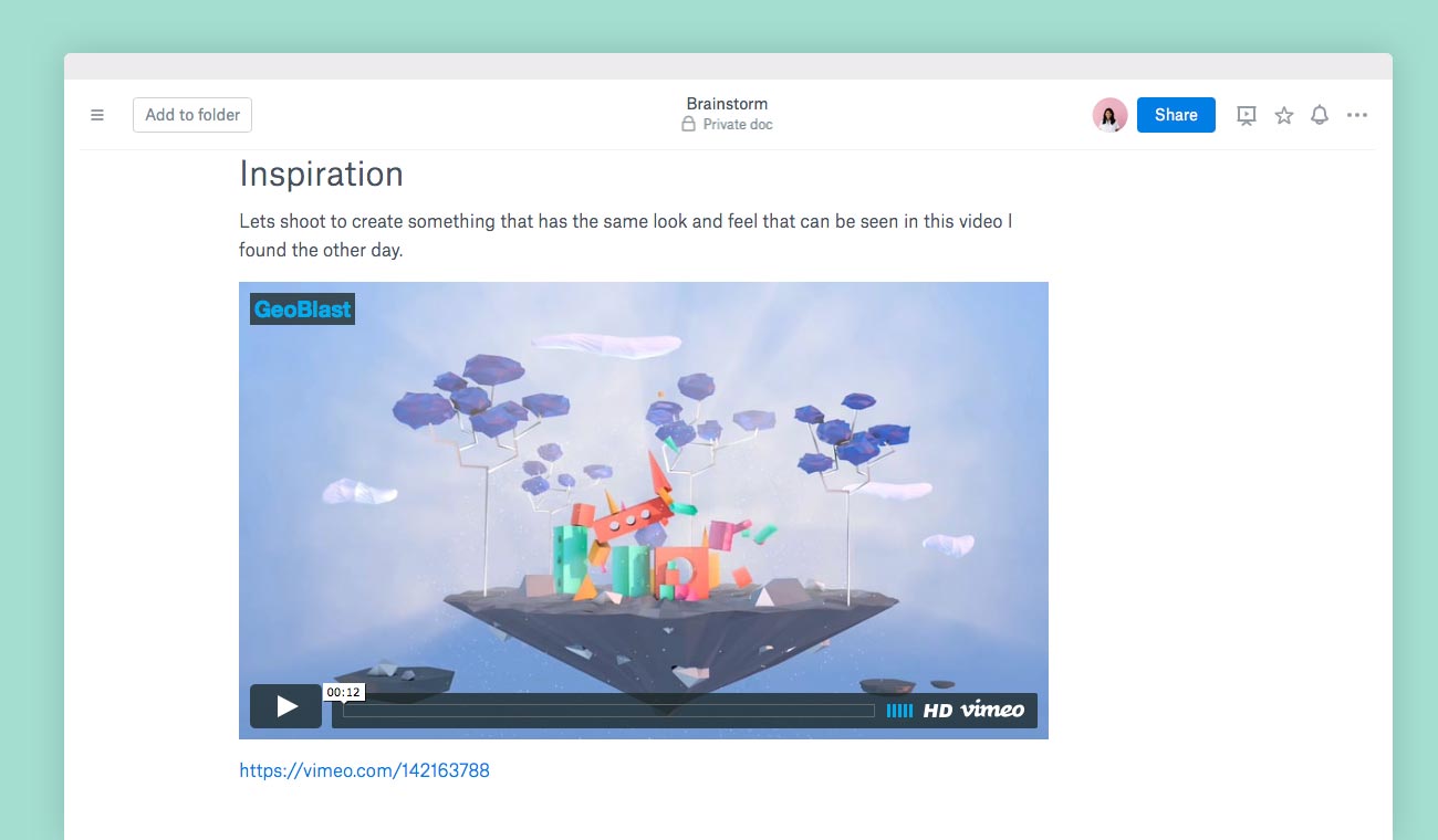 Vimeo video, shown embedded in Dropbox Paper doc