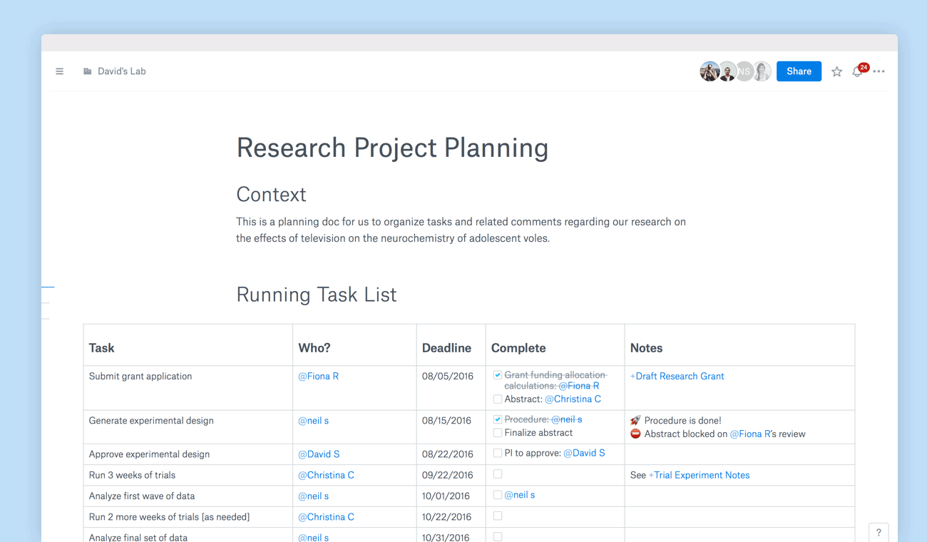 Task list in table in Dropbox Paper doc
