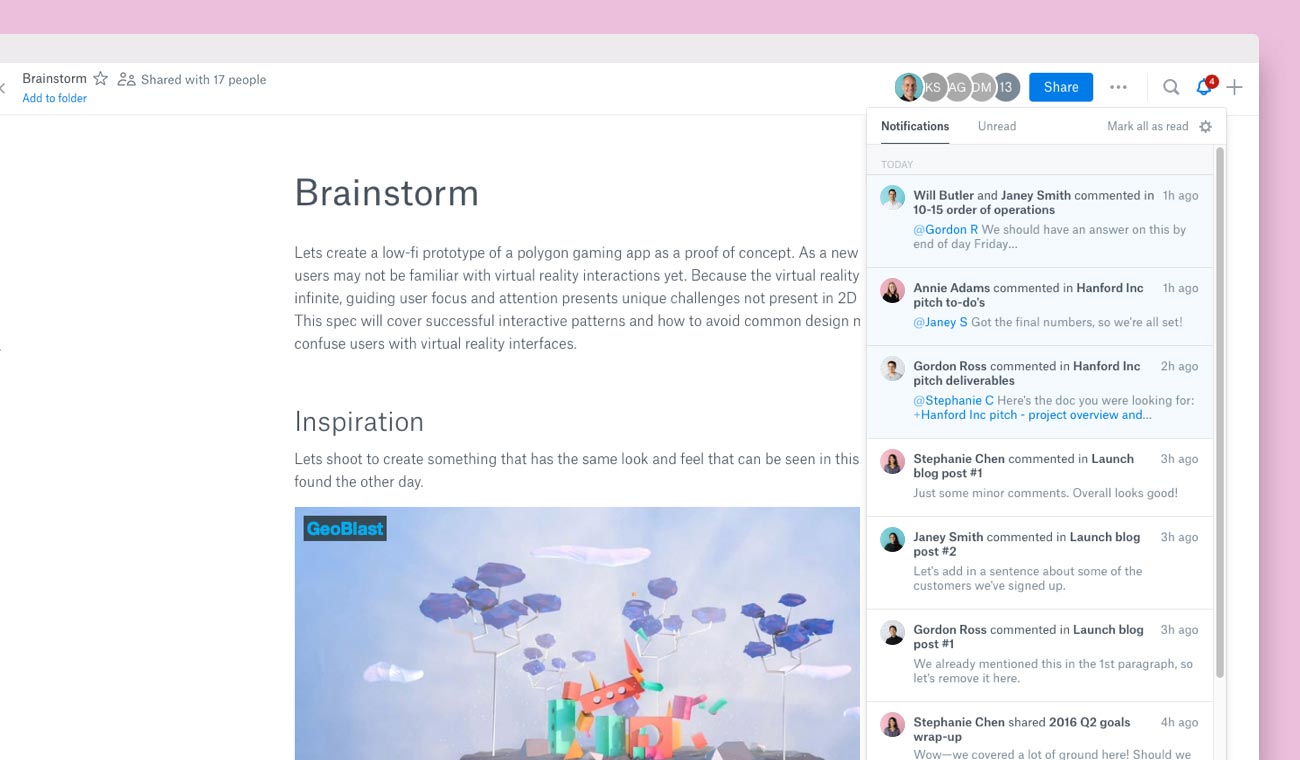 Screenshot of notifications in Dropbox Paper