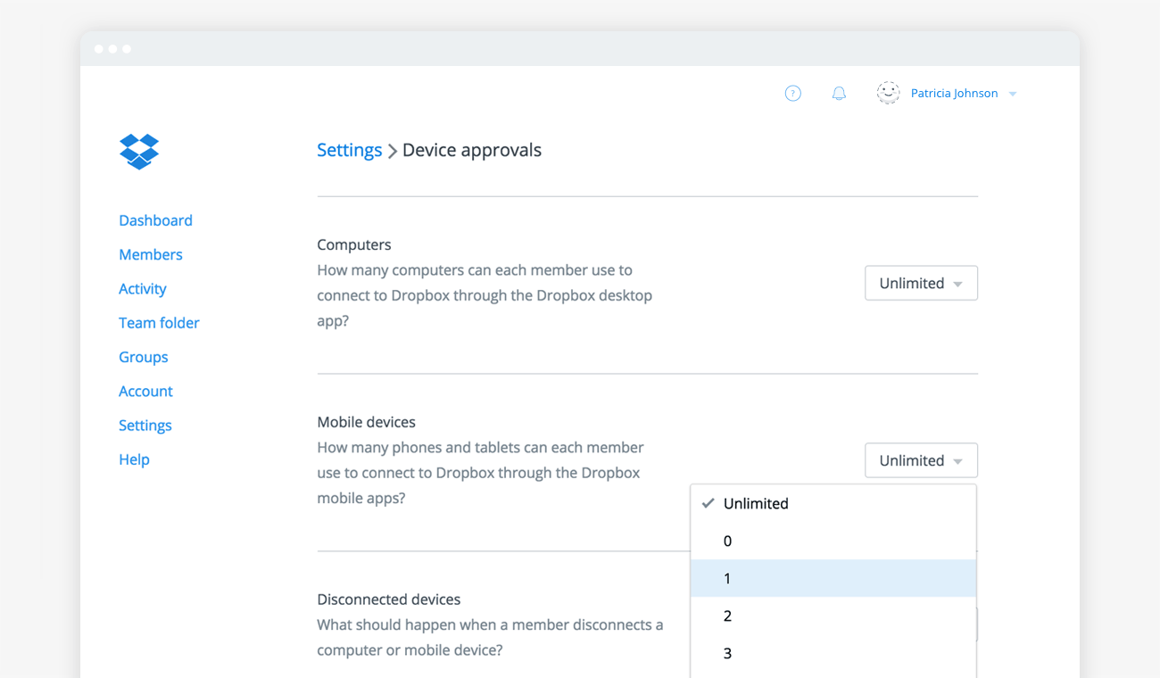 Screenshot of device approvals settings page