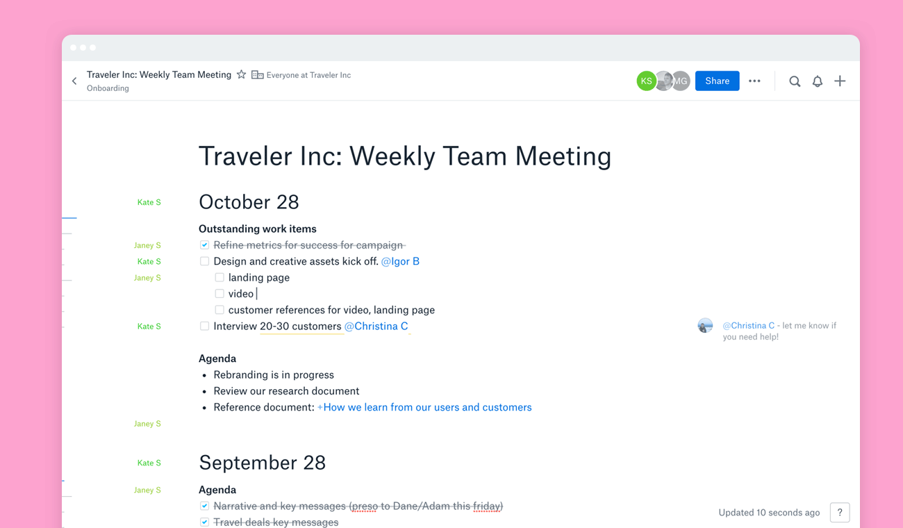 Screenshot showing tasks in Dropbox Paper