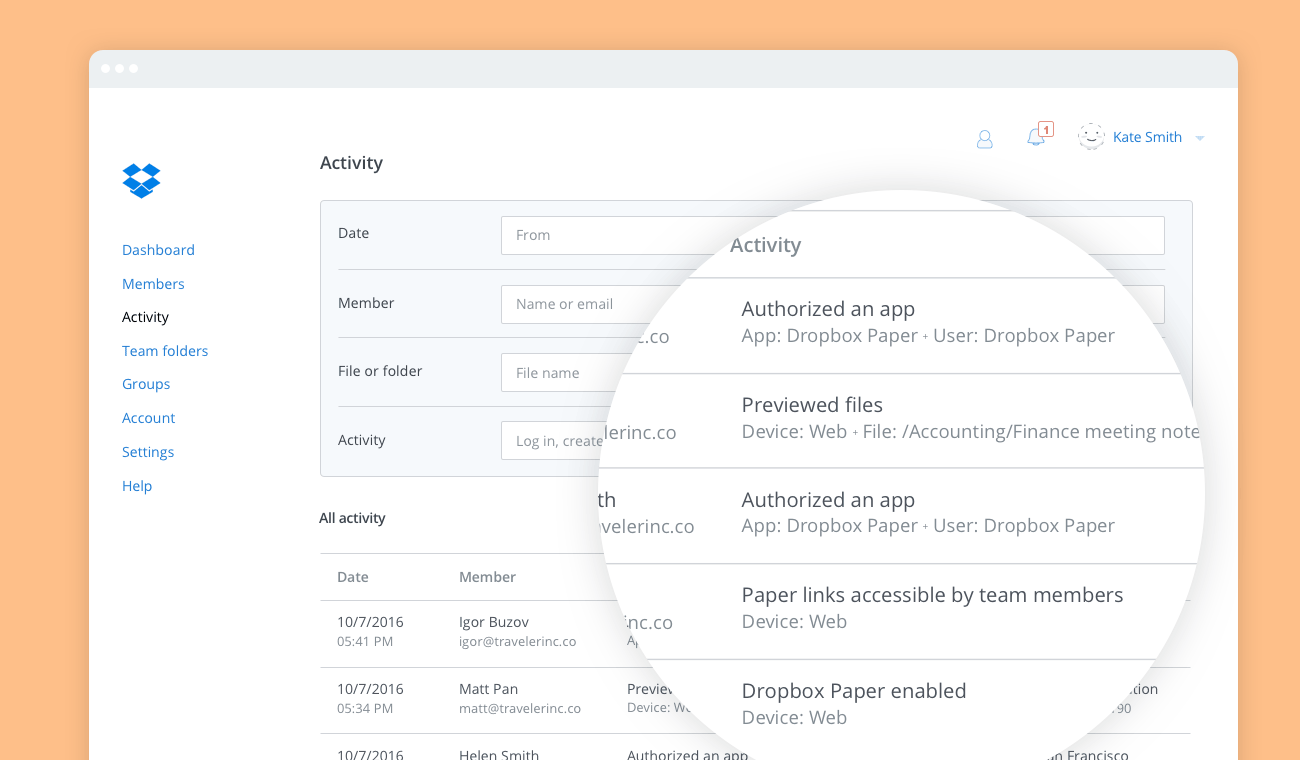 The enhanced audit log enables you to monitor Dropbox Paper activity.