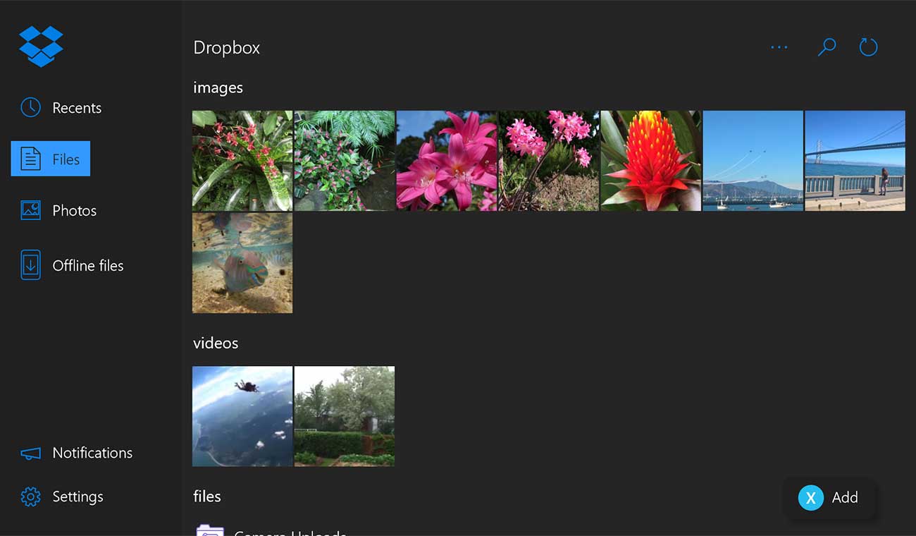 Screenshot of the Dropbox app for Xbox One