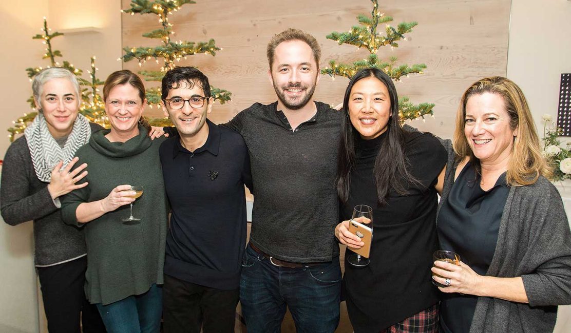 Dropbox founders hosting senior women leaders at a networking event in December 2016. From left to right: Arden Hoffman, VP of People; Amber Cottle, VP of Global Public Policy & Government Affairs; co-founders Arash Ferdowsi and Drew Houston; Lin-Hua Wu, VP of Communications; and Carolyn Feinstein, Chief Marketing Officer.