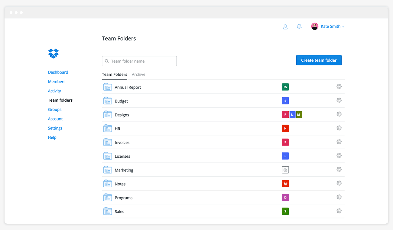 Screenshot of team folder page on Dropbox website