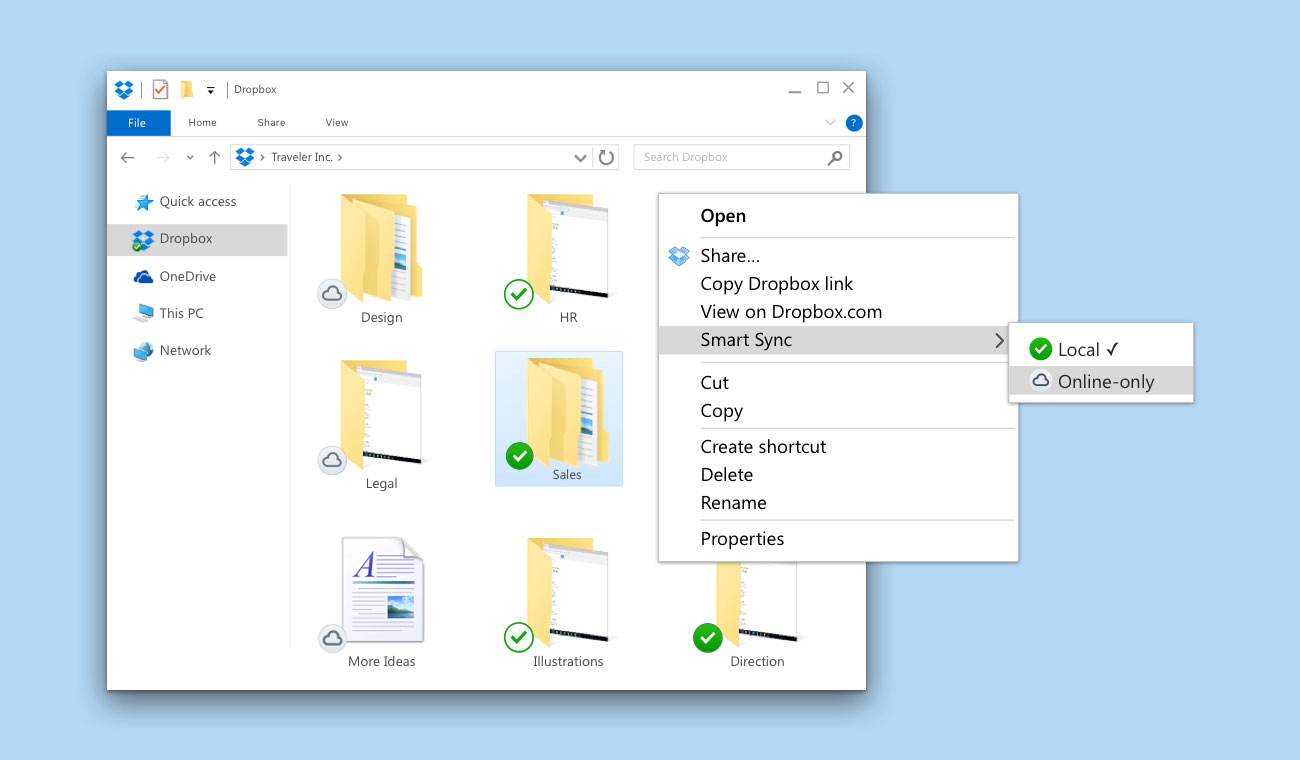 Screenshot of Windows File Explorer showing right-click menu for Dropbox Smart Sync