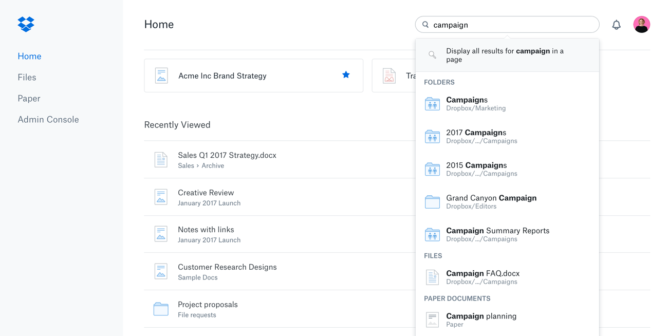 Searching for a campaign in Dropbox Paper