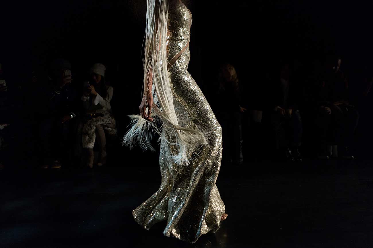 Photo of a model on the runway at the Michael Costello show at New York Fashion Week, February 2017