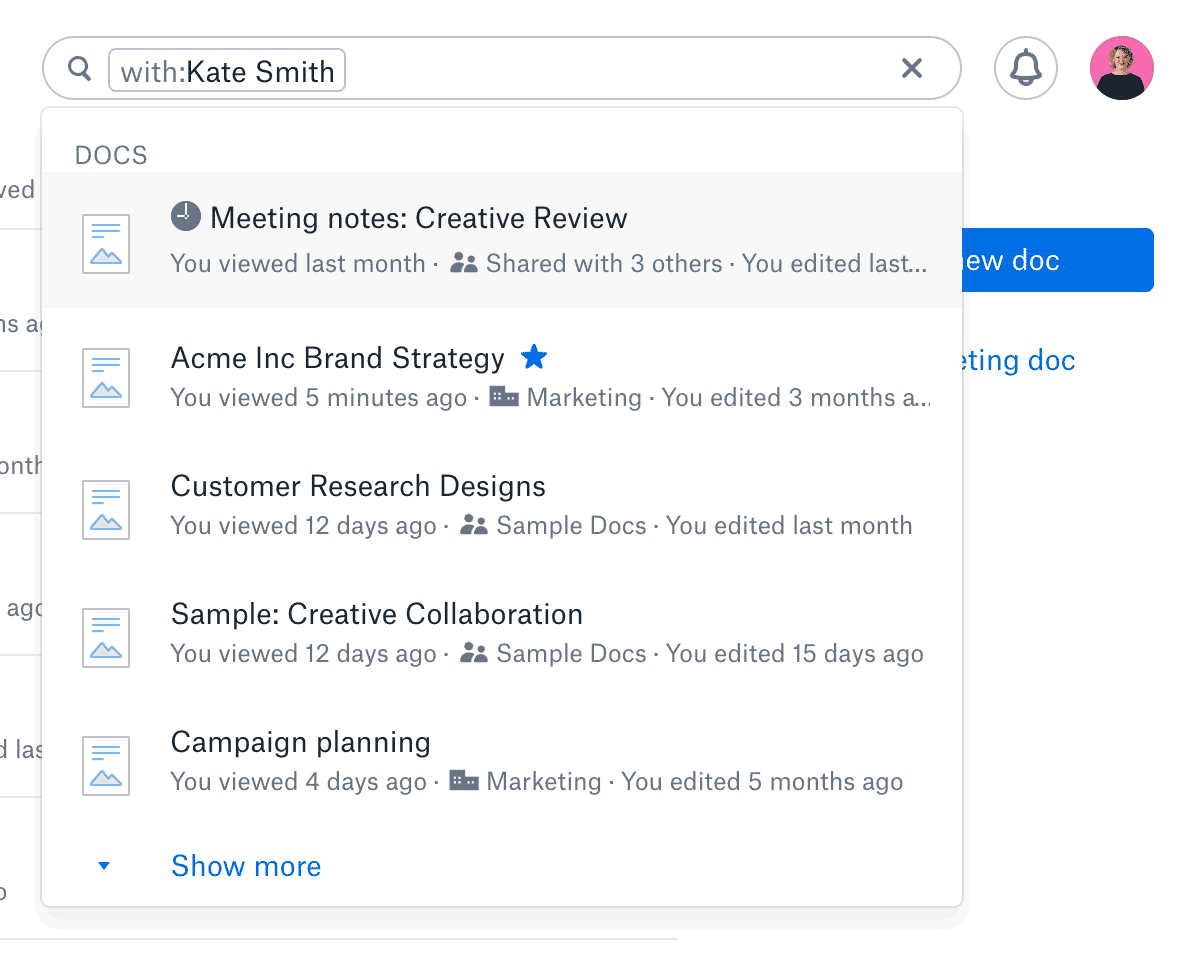 Searching for a docs associated with a particular person in Dropbox Paper