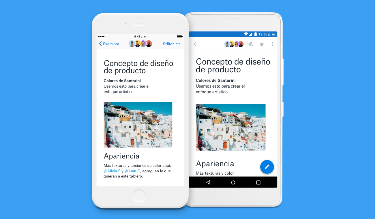 Screenshot showing Dropbox Paper mobile app with localized languages.