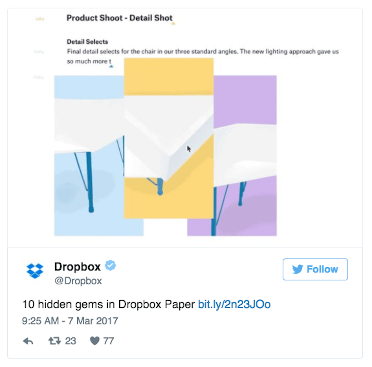 Screenshot showing an embed of a tweet in a Paper doc