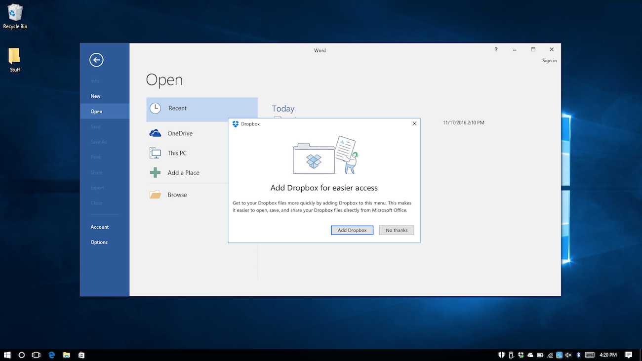 Screenshot showing Microsoft integration with Dropbox