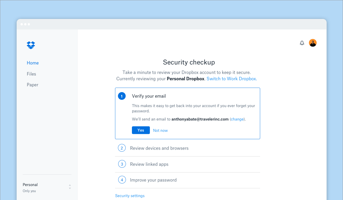 Screenshot of account security checkup tool