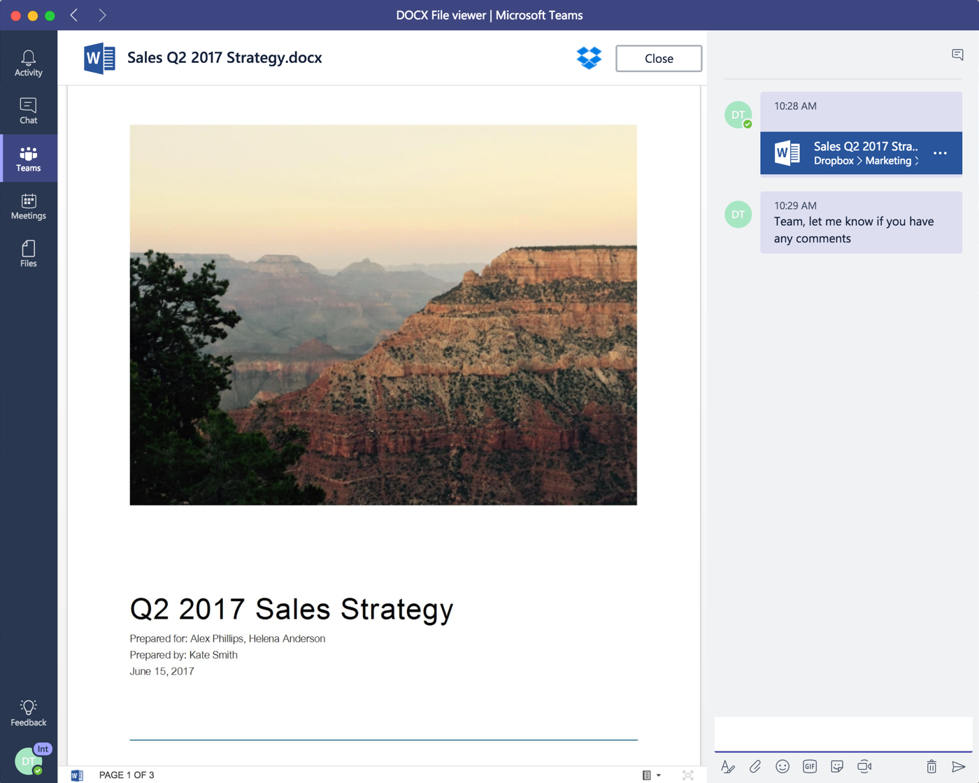 Screenshot showing Microsoft Teams integration with Dropbox