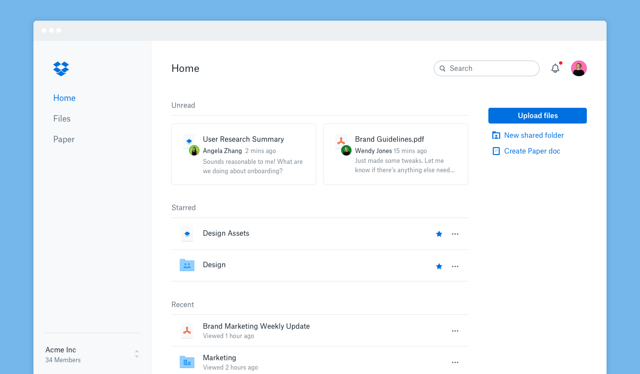 Screenshot showing web view of new Dropbox homepage