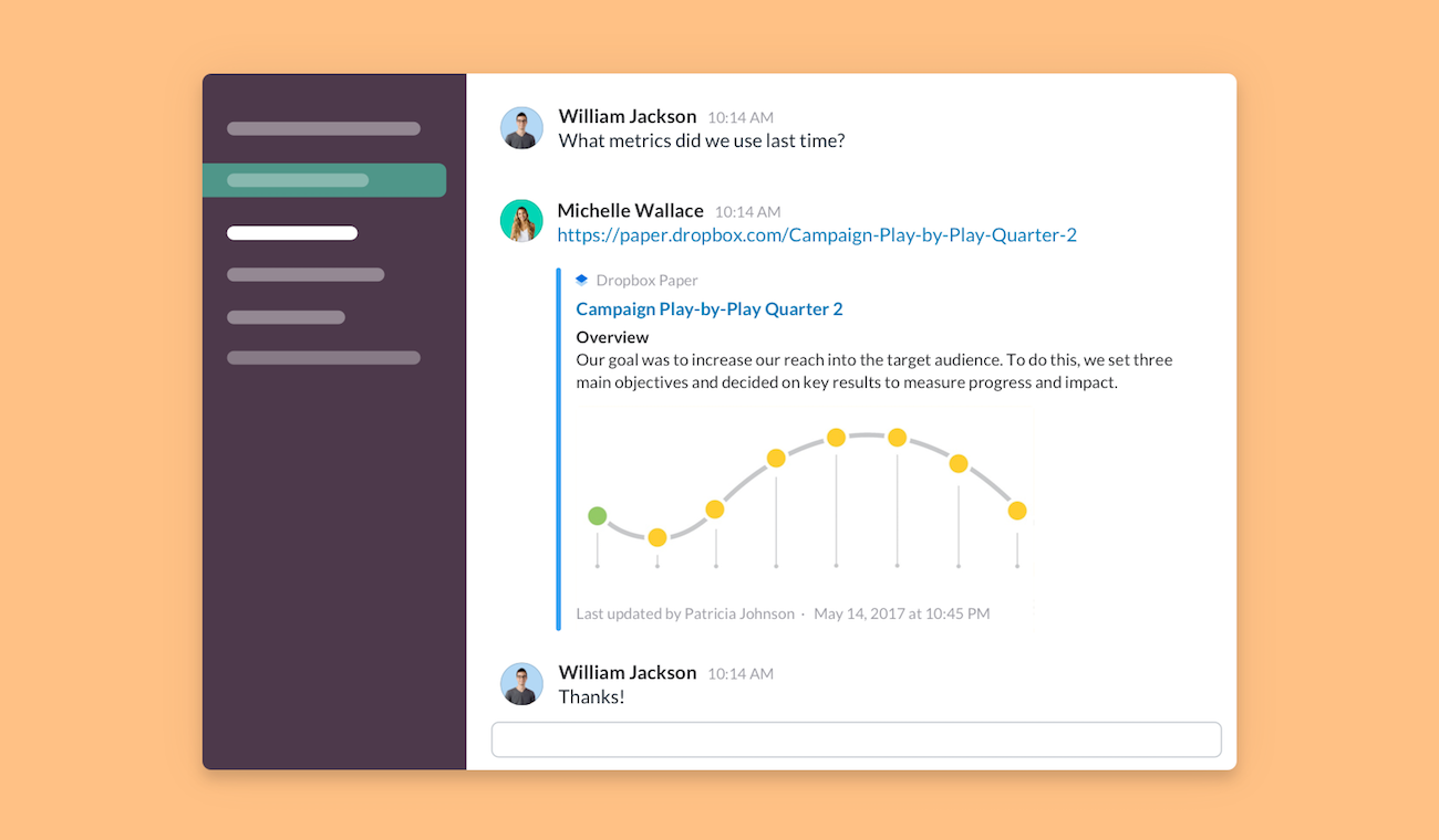 A screenshot showing the Dropbox Paper-Slack integration.