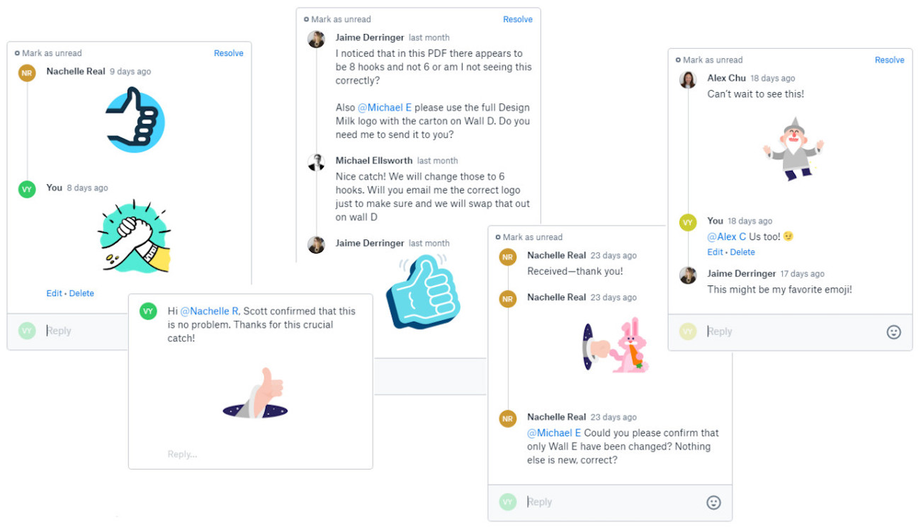 Screenshot showing Design Milk emojis and stickers in Dropbox Paper