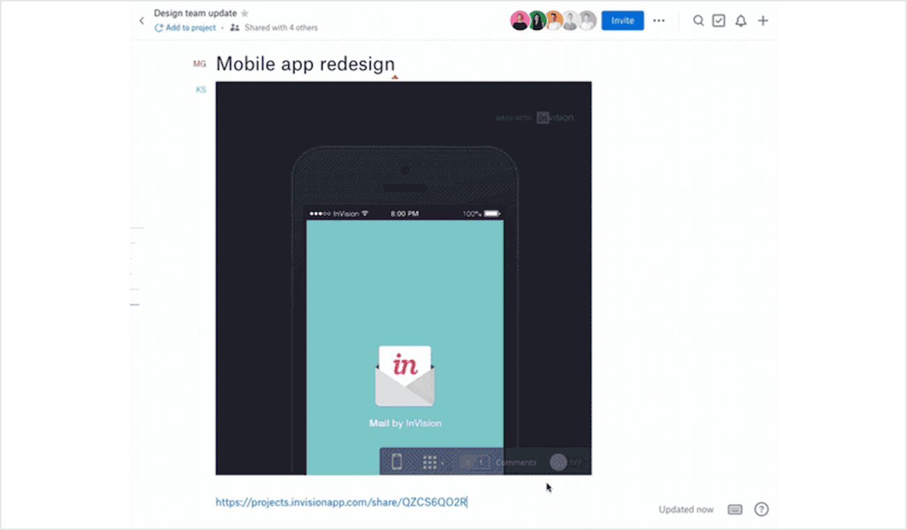 Screenshot showing InVision embed in a Dropbox Paper doc