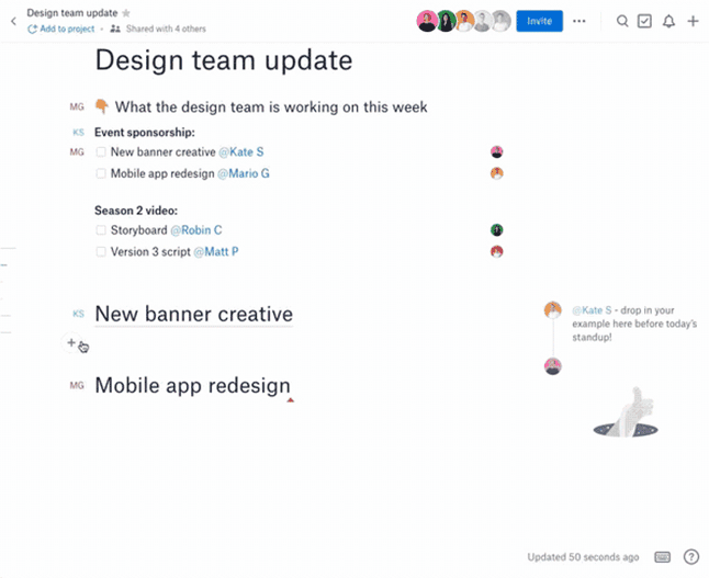 Animated screenshot showing Sketch and InVision embeds in Dropbox Paper