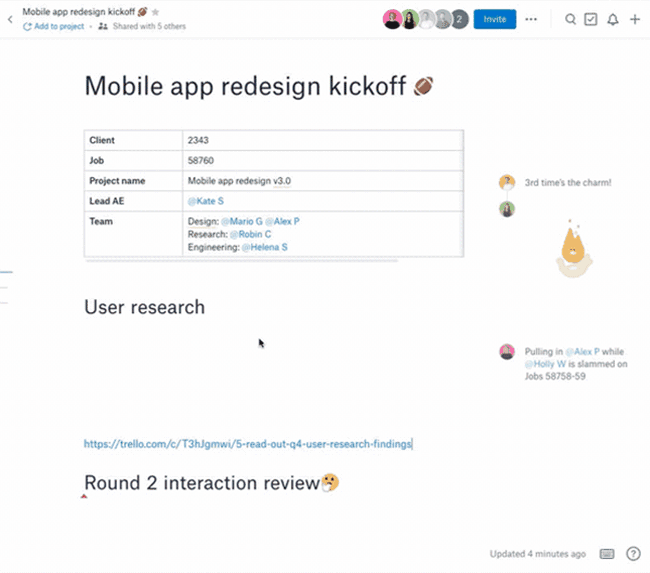 Animated screenshot showing Trello, PDF and Marvel embeds in Dropbox Paper