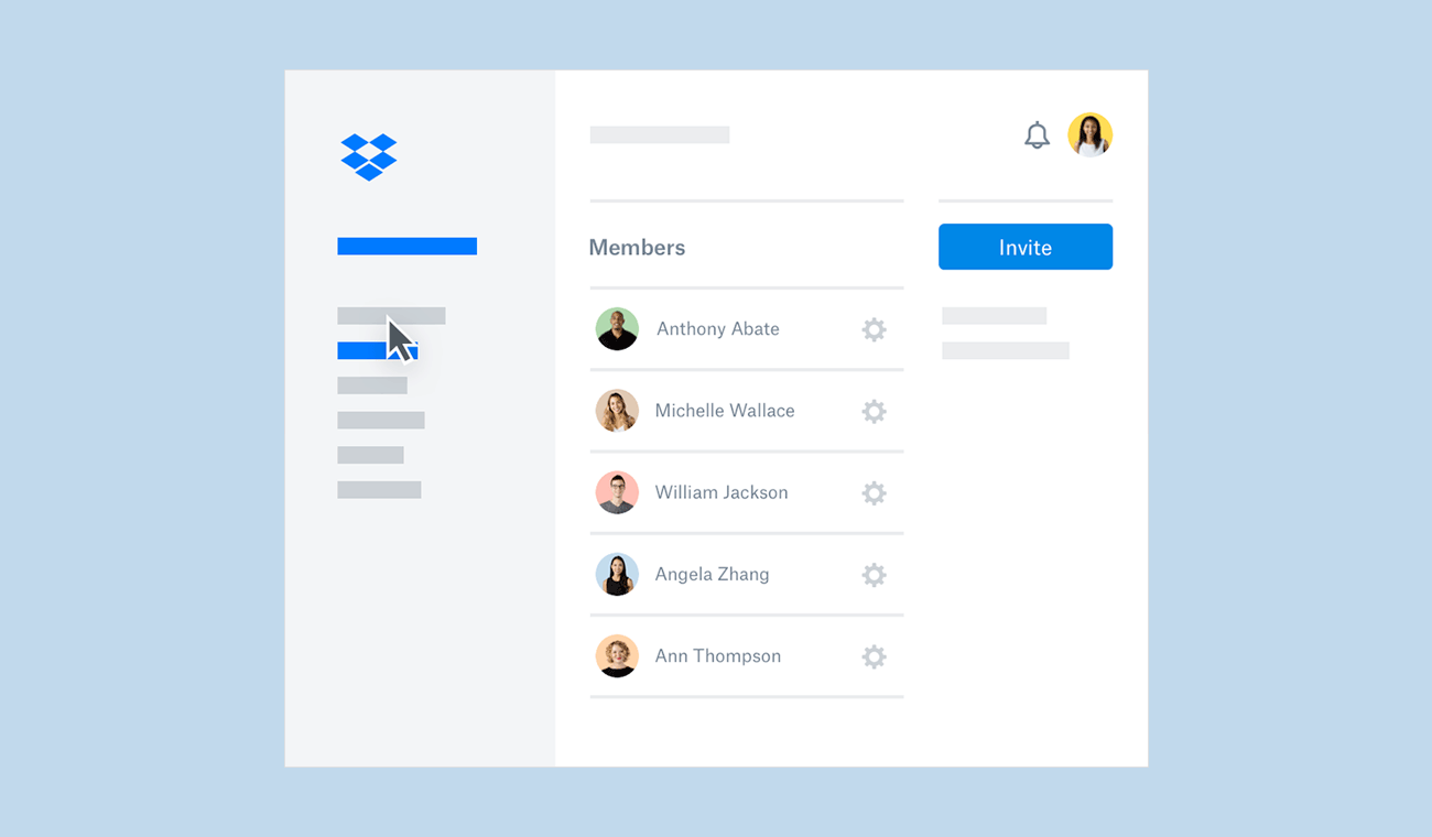 Screenshot of Dropbox Business admin console showing list of team members