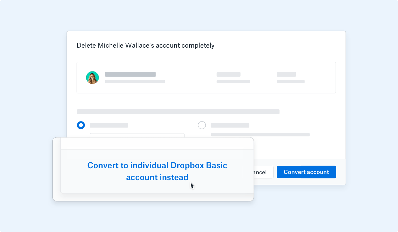 Screenshot of account deletion in Dropbox Business, showing option to convert account to individual Dropbox Basic account