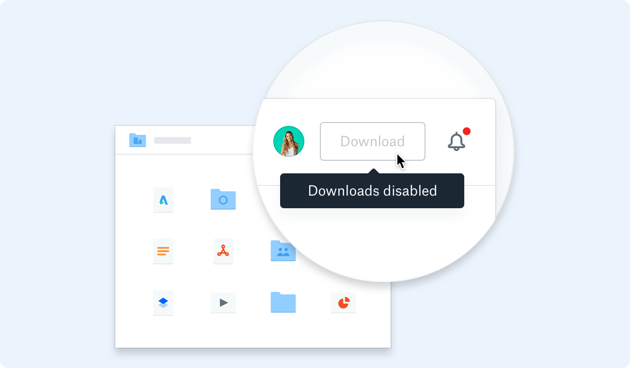 Screenshot of dropbox.com showing grayed out Download button and "Downloads disabled" pop-up