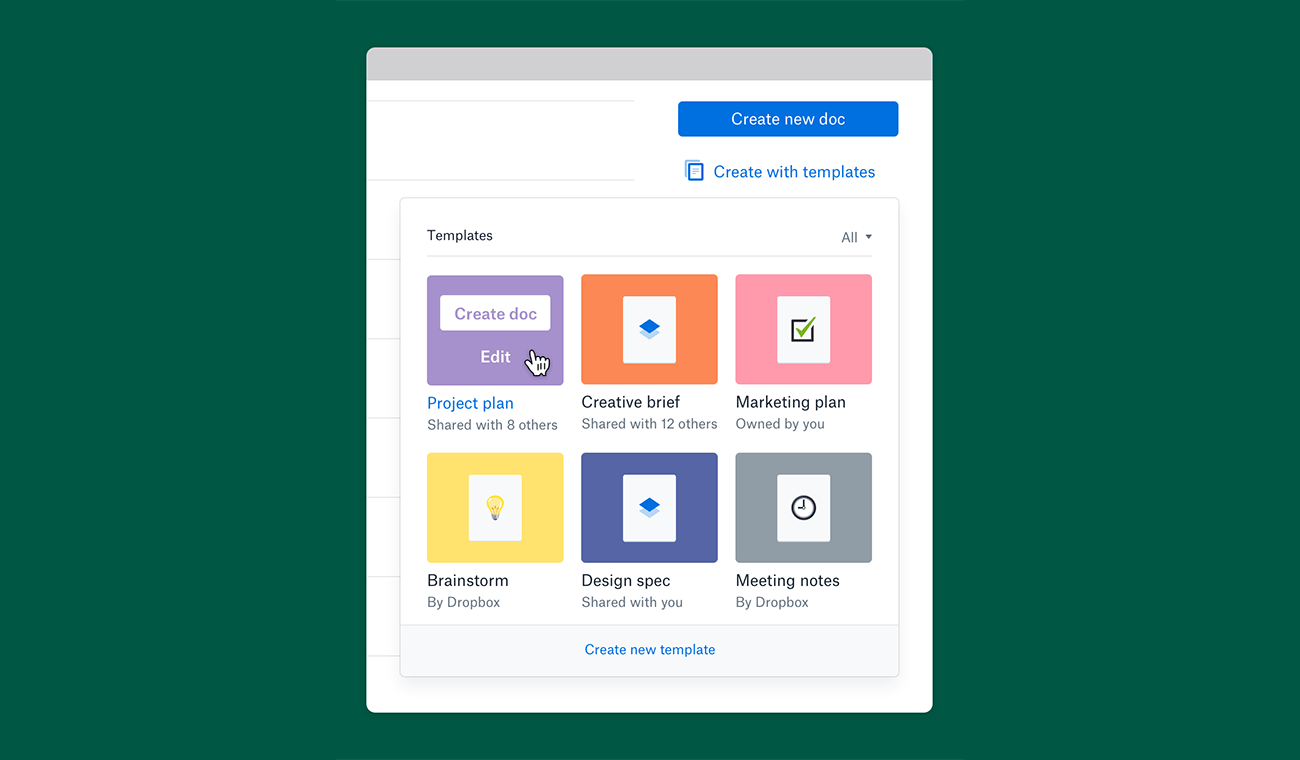 Screenshot of template selection box in Dropbox Paper