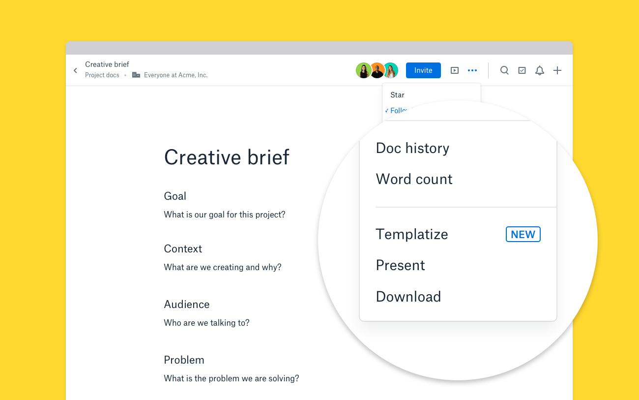 Screenshot of three-dot menu in Dropbox Paper, with the Templatize item shown