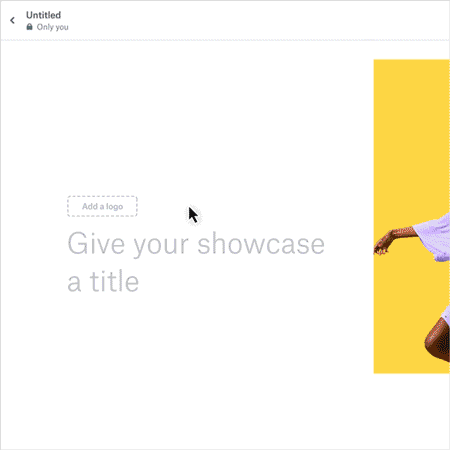 Animated screenshot showing a logo, title, and header image being created in Dropbox Showcase