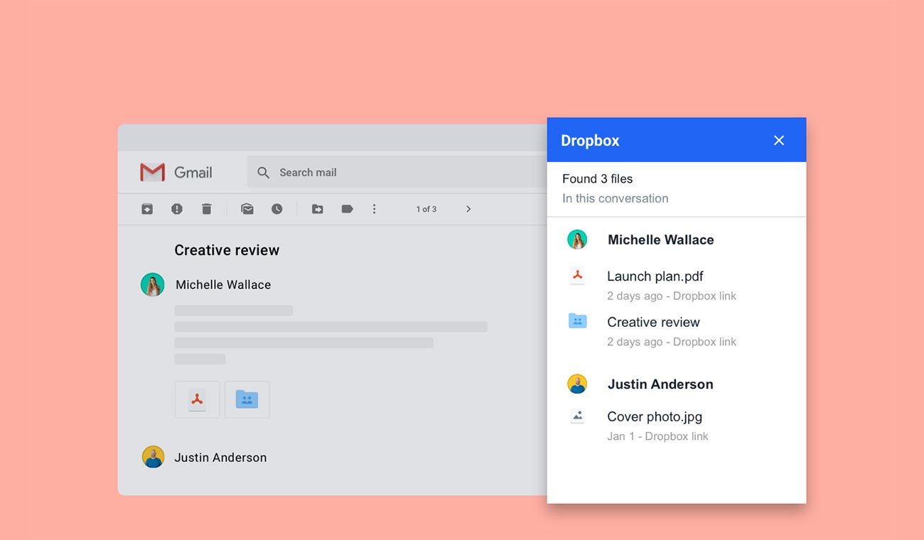 Screenshot of Dropbox add-on for Gmail