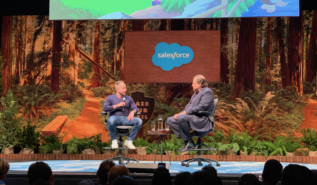 Drew Houston and Marc Benioff at Dreamforce 2018