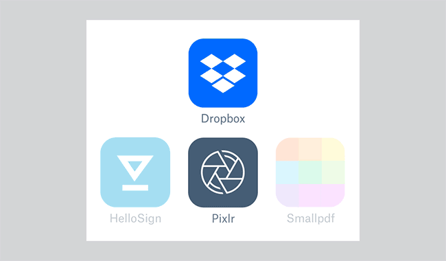 Animation showing Dropbox logo atop Pixlr, Smallpdf, Adobe, Autodesk, Vimeo, DocuSign, HelloFax, Nitro, airSlate, and HelloSign logos