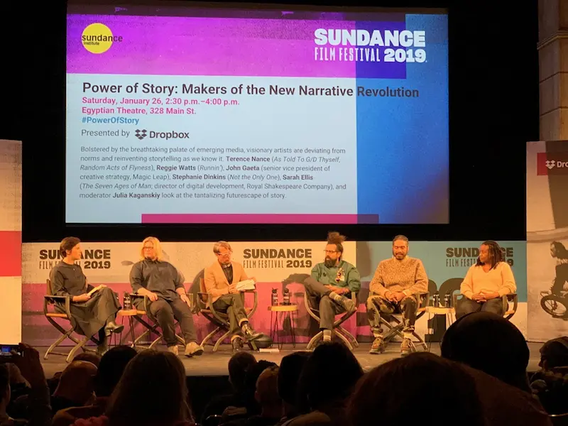 Photo of Julia Kaganskiy, Sarah Ellis, John Gaeta, Reggie Watts, Terence Nance, and Stephanie Dinkins  by Ben Taylor