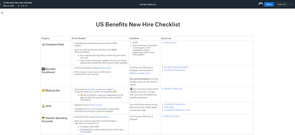 Screenshot showing Benefits checklist in Dropbox Paper