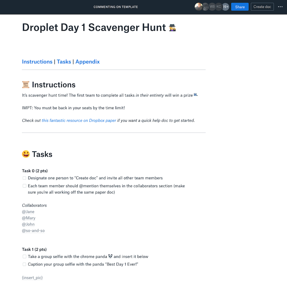 Screenshot showing the new hire scavenger hunt in a Dropbox Paper doc